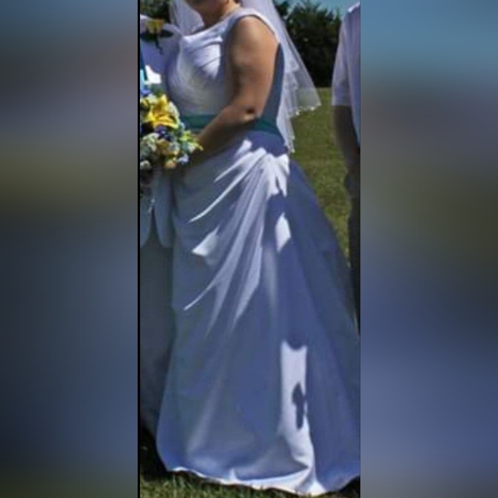David's Bridal White Gown with Turquoise Accent - Picture 2 of 11